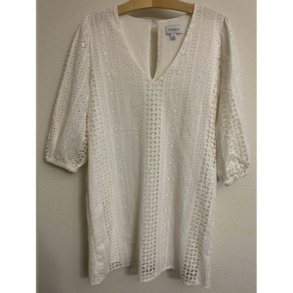 Evereve White Cotton Eyelet V-Neck Shift Dress 3/4 Puff Sleeve Small Lined